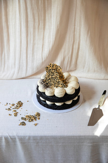 Dark Cocoa Sponge Cake with Tahini Buttercream
