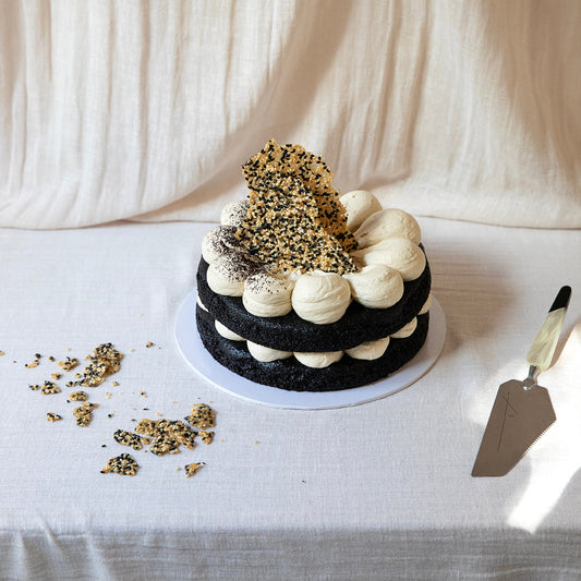 Dark Cocoa Sponge Cake with Tahini Buttercream
