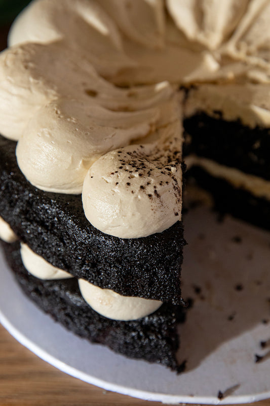 Dark Cocoa Sponge Cake with Tahini Buttercream